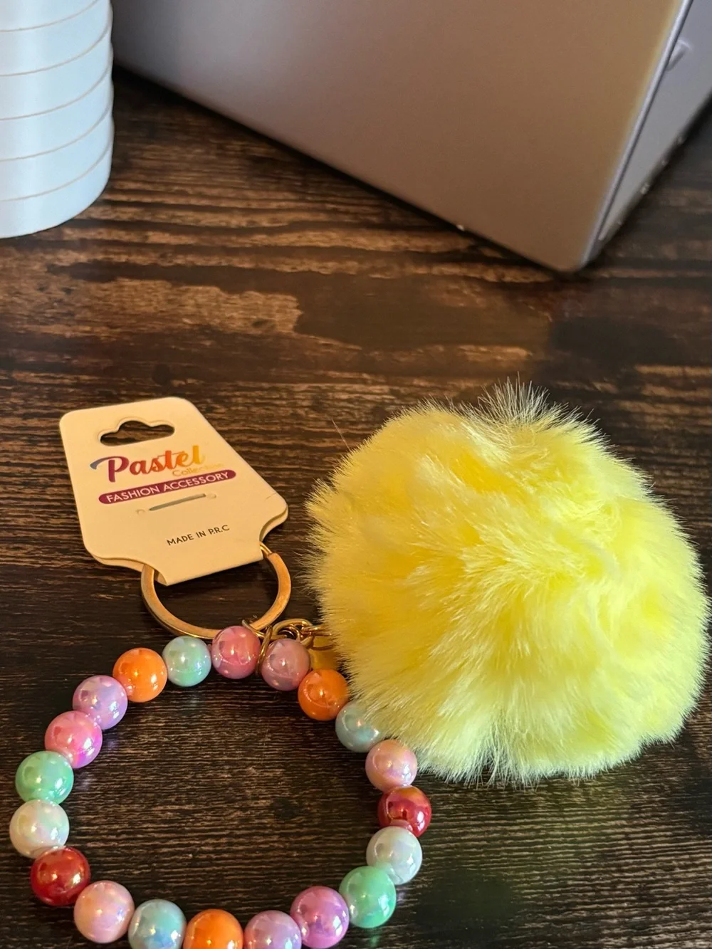 Pastels Yellow Pom-Pom Beaded Bracelet Keychain
